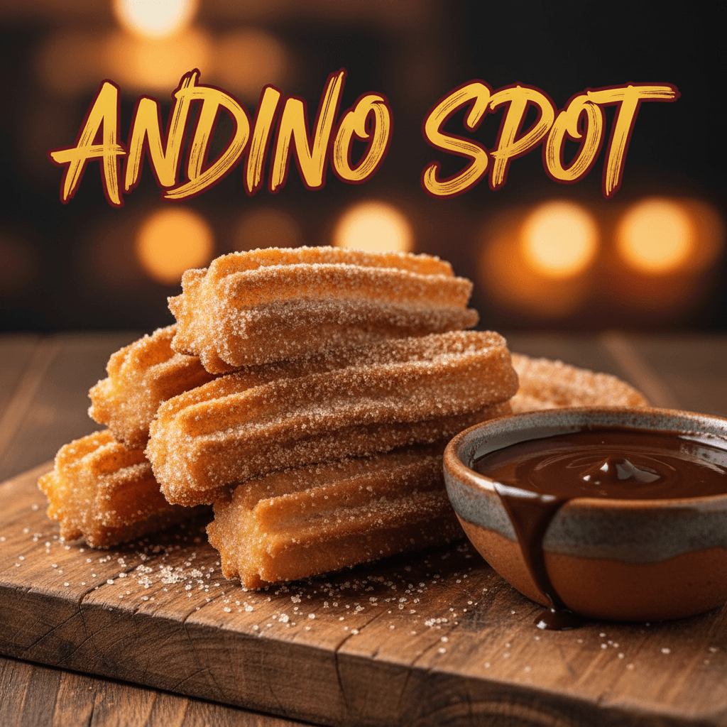 Golden churros with cinnamon sugar and chocolate dipping sauce on a wooden board