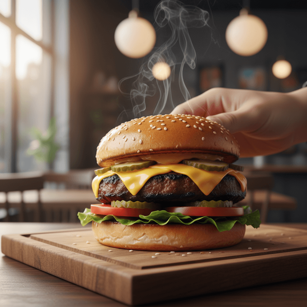 Juicy burger with lettuce and tomato on a paper tray