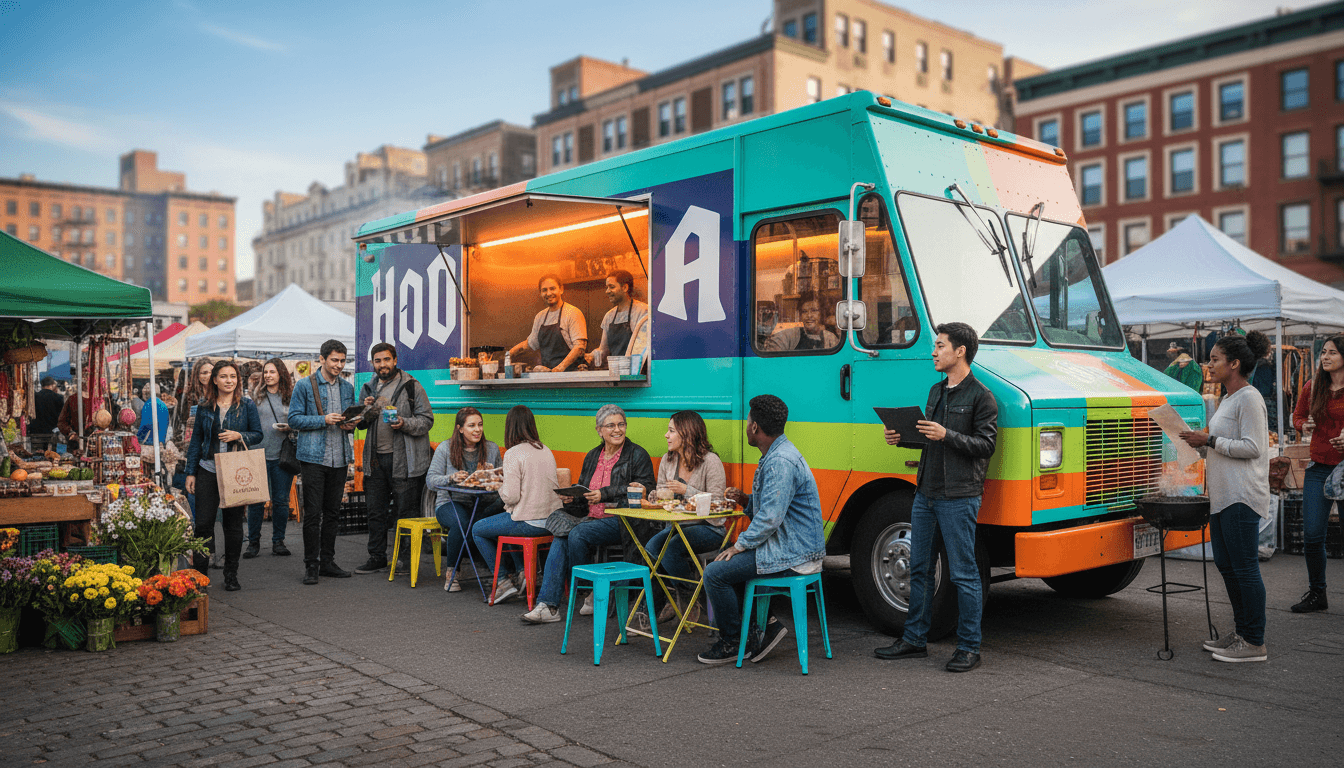 food truck parked on city street at night with warm yellow lights and customers nearby