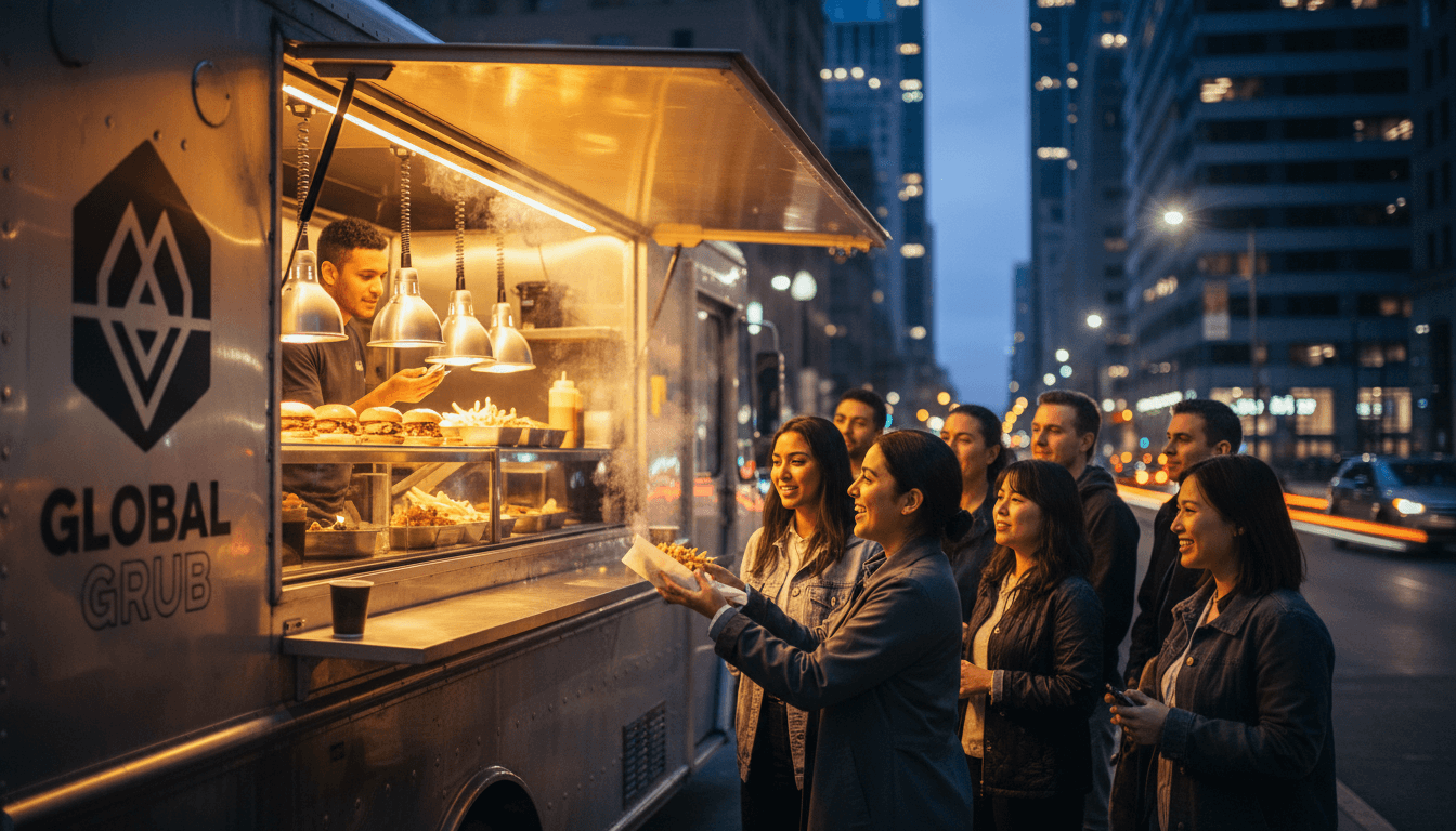 food truck glowing at night with customers waiting