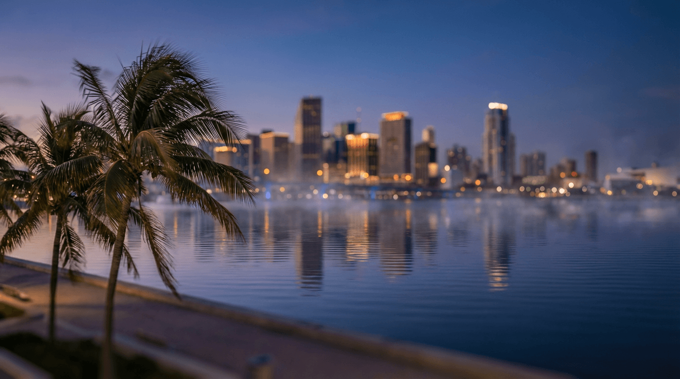 nighttime view of west palm beach waterfront with street lights and parked cars