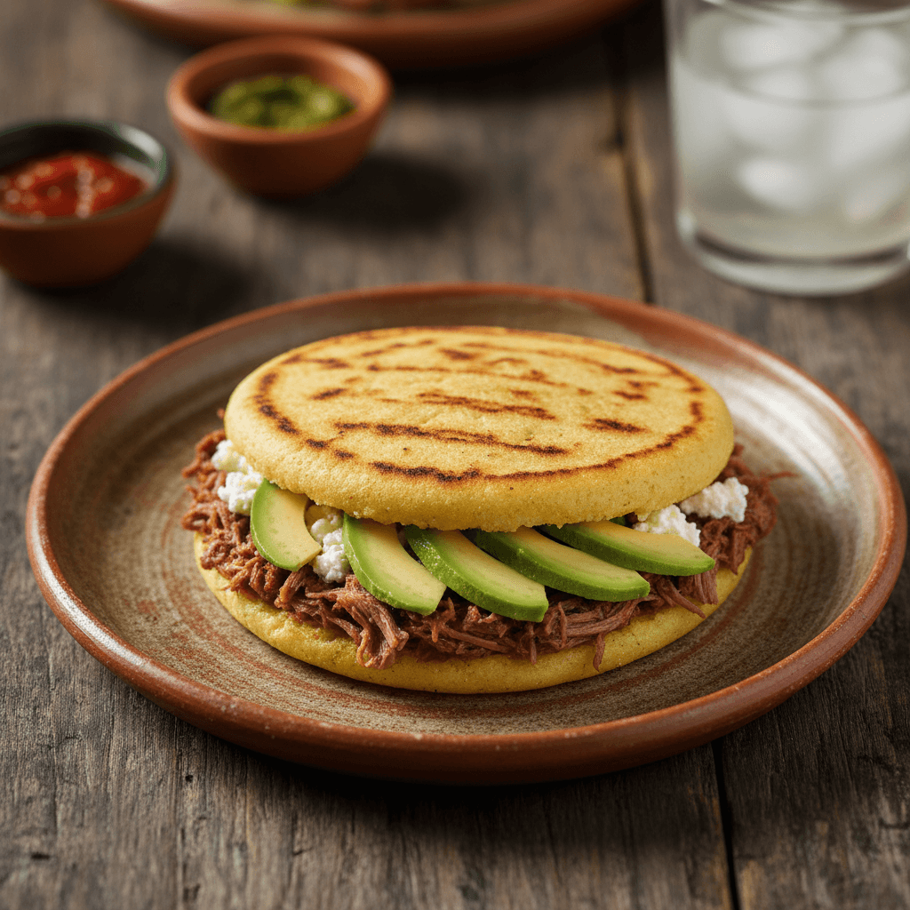Colombian arepa with cheese and toppings served on a tray