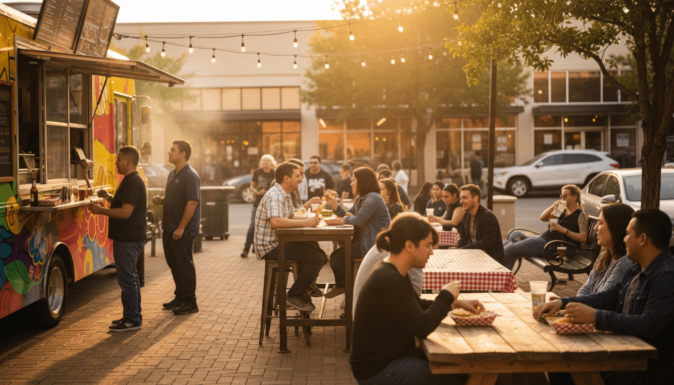 Friends eating at picnic tables near food truck