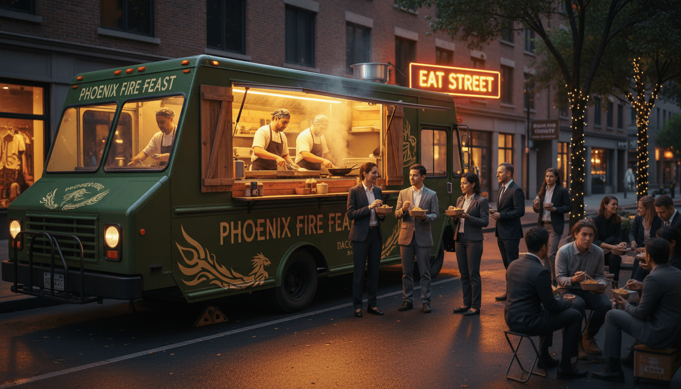 Colombian food truck at night with warm lights and open service window