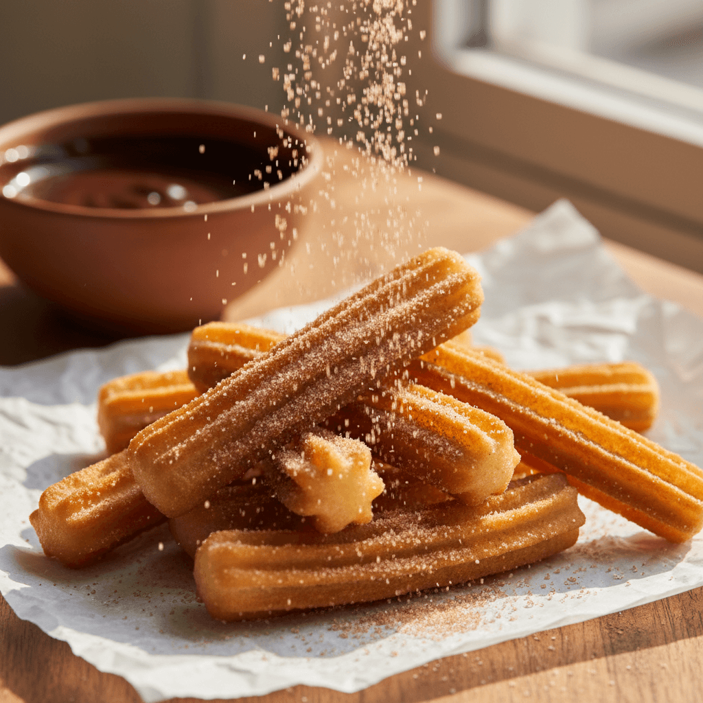 Crispy churros with cinnamon sugar and dulce de leche dip
