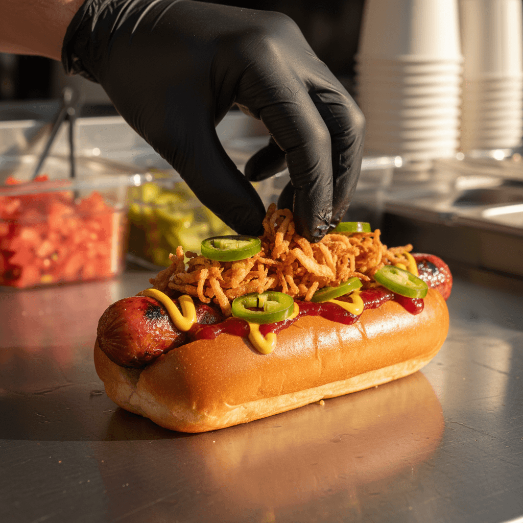 Colombian-style hot dog with pink sauce, pineapple, and crushed chips