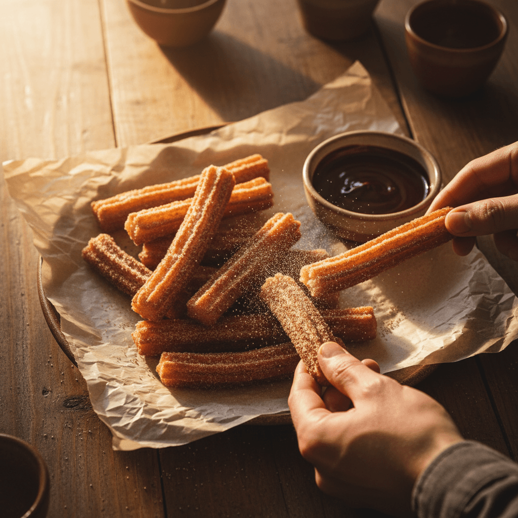 Churros dusted with cinnamon sugar in a paper cone