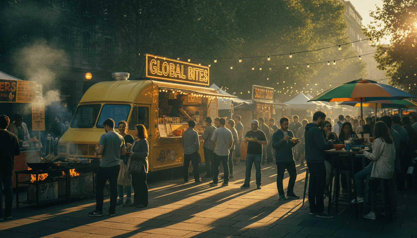 friends eating outside a food truck at night