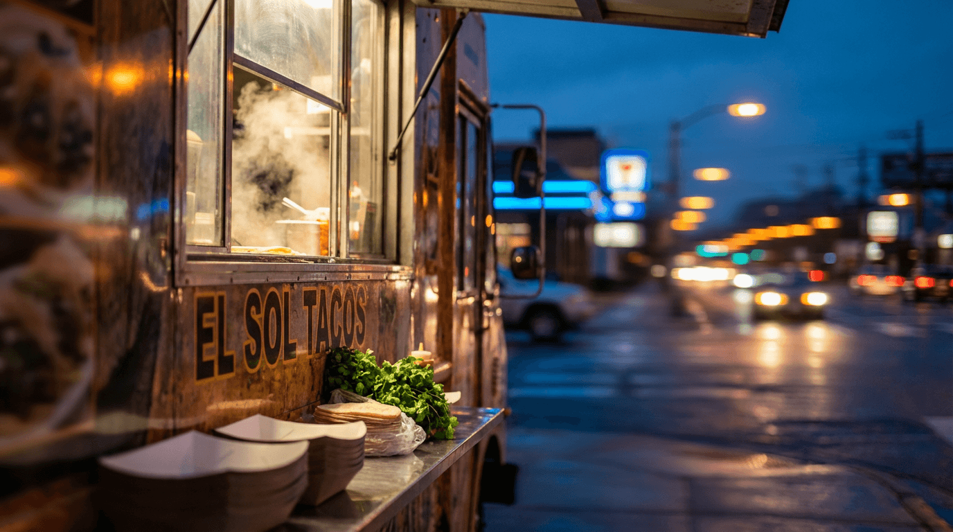 Colombian arepas and hot dogs on a food truck counter at night