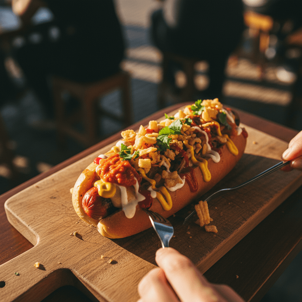 colombian hot dog piled with toppings